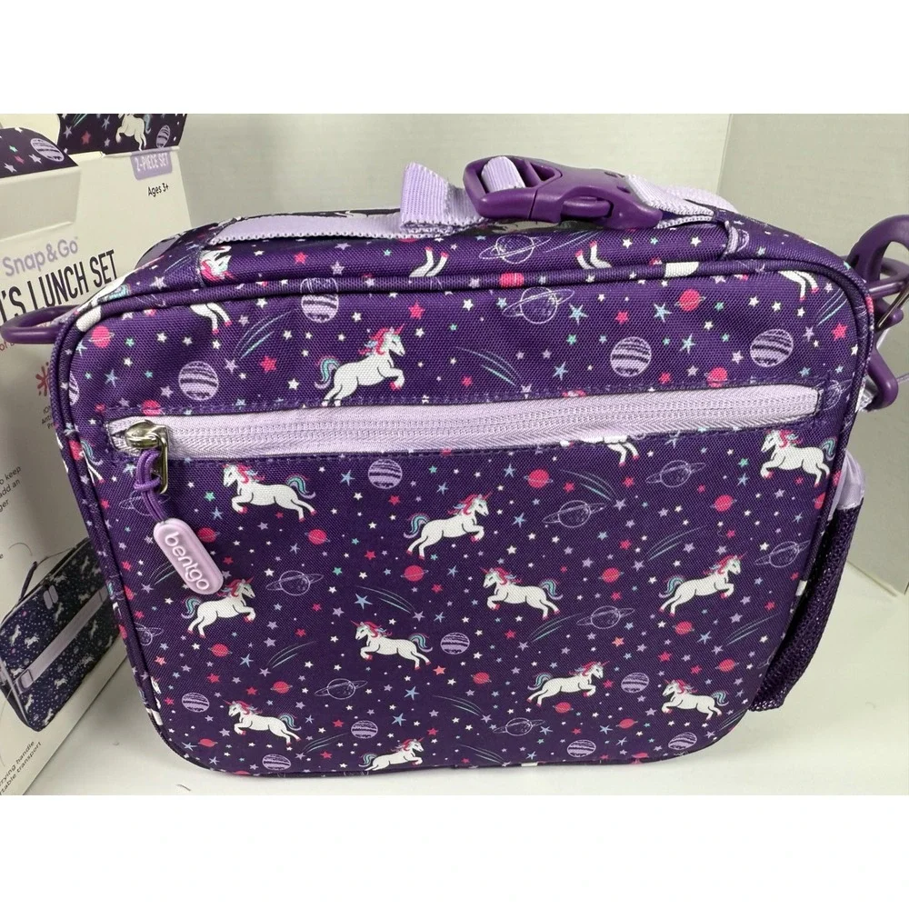 Bentgo Kids Lunch box Set Kids Purple New Unicorn Galaxy Snap & Go 2-Piece Set